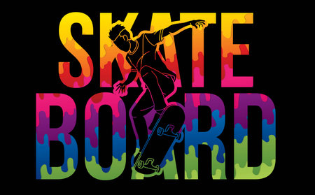 Skateboard Text Designed with Skateboarder Action Extreme Sport  Cartoon Graphic Vectorのイラスト素材