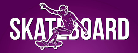 Skateboard Text Designed with Skateboarder Action Extreme Sport  Cartoon Graphic Vectorのイラスト素材