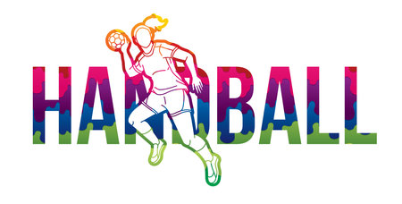 Handball Sport Text Designed with Player Action Cartoon Sport Graphic Vectorのイラスト素材