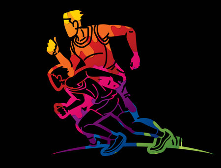 Group of People Running Action Marathon Runner Cartoon Sport Graphic Vectorのイラスト素材