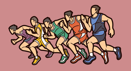 Group of People Running Action Marathon Runner Cartoon Sport Graphic Vectorのイラスト素材