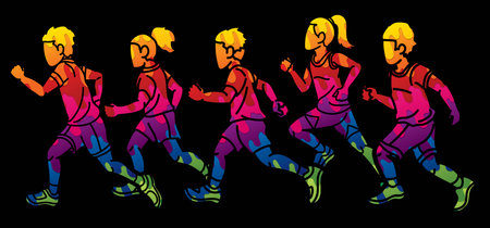 Group of Children Start Running Runner Action Jogging Together Cartoon Sport Graphic Vectorのイラスト素材