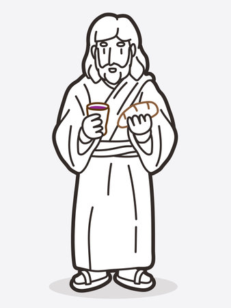 Jesus Celebrates Holy Communion with Bread and Wine Cartoon Graphic Vectorのイラスト素材