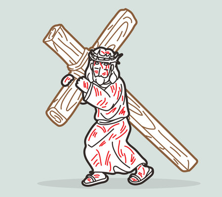 Jesus Carries the Cross with Crown of Thorns and Bloodのイラスト素材