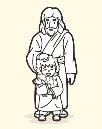 Jesus Places His Hands on His Head and Blesses the Shepherd Boy Holding a Lamb Cartoon Graphic Vectorのイラスト素材