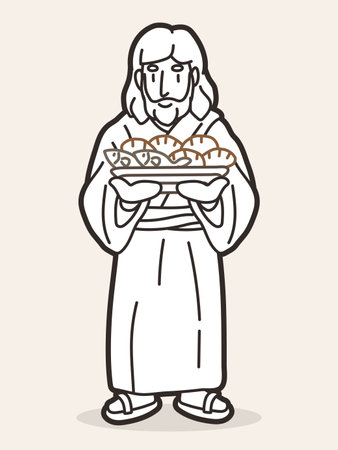 Jesus Holds Five Loaves and Two Fish Cartoon Graphic Vectorのイラスト素材