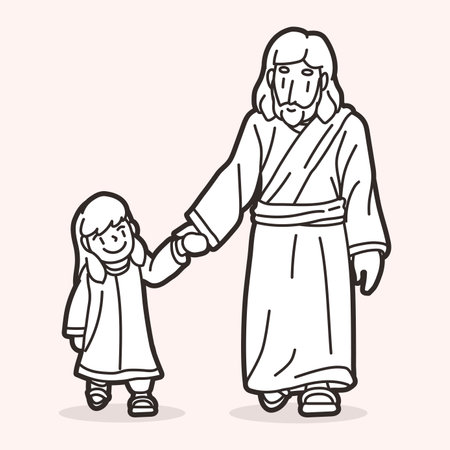 Jesus Walked Holding the Hand of a Little Girl Filled with Warmth Love and Peace Follow Jesus Cartoon Graphic Vectorのイラスト素材