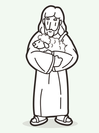 Jesus Carries a Lamb Hugged in an Embrace He is a Good Shepherd Cartoon Graphic Vectorのイラスト素材