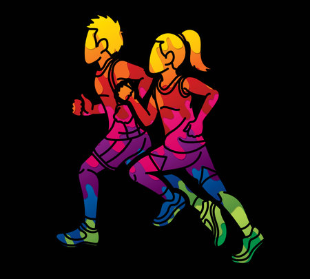 Boy and Girl Start Running Action Jogging A Child Movement Cartoon Sport Graphic Vectorのイラスト素材