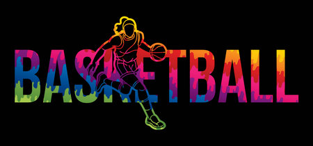 Basketball Female Player Action with Basketball Font Design Cartoon Sport Graphic Vectorのイラスト素材