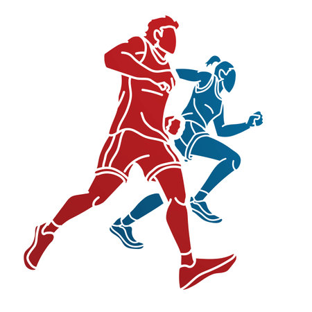 Group of People Running Together Man and Woman Runner Marathon Cartoon Sport Graphic Vectorのイラスト素材