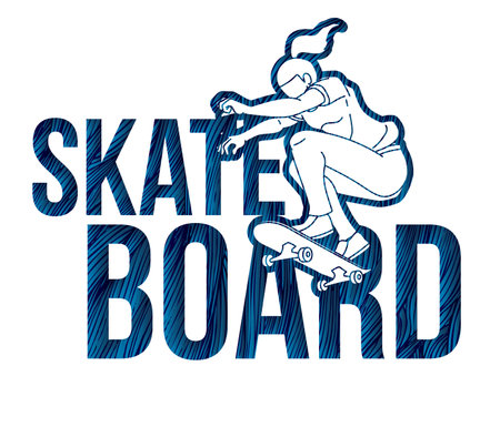 Skateboard Female Player Action Skateboarder with Text Designed Cartoon Extreme Sport Graphic Vectorのイラスト素材