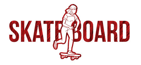 Skateboard Female Player Action Skateboarder with Text Designed Cartoon Extreme Sport Graphic Vectorのイラスト素材