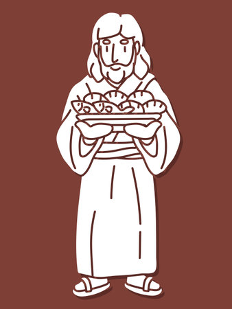 Jesus Holds Five Loaves and Two Fish Cartoon Graphic Vectorのイラスト素材