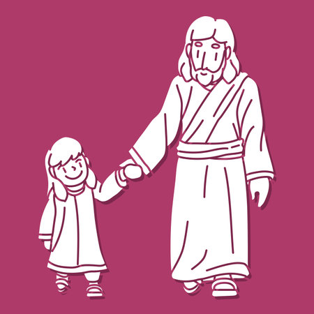 Jesus Walked Holding the Hand of a Little Girl Filled with Warmth Love and Peace Follow Jesus Cartoon Graphic Vectorのイラスト素材