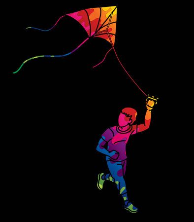 A Boy Running with a Kite Child Playing Cartoon Graphic Vectorのイラスト素材