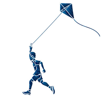 A Boy Running with a Kite Child Playing Cartoon Graphic Vectorのイラスト素材