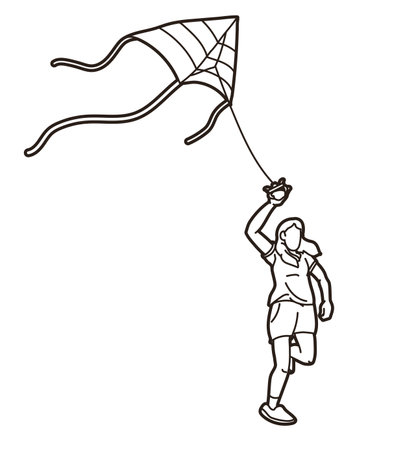 A Girl Running Fly a Kite Child Playing Cartoon Sport Graphic Vectorのイラスト素材