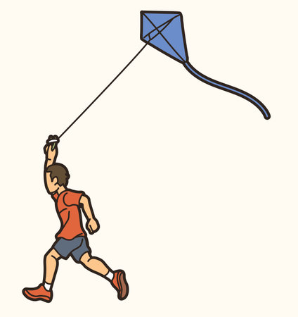 A Boy Running Fly a Kite Child Playing Cartoon Sport Graphic Vectorのイラスト素材