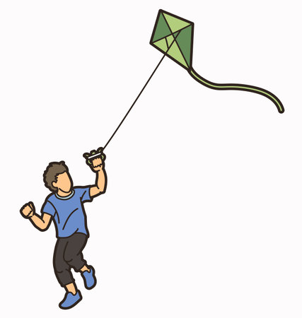 A Boy Running Fly a Kite Child Playing Cartoon Sport Graphic Vectorのイラスト素材