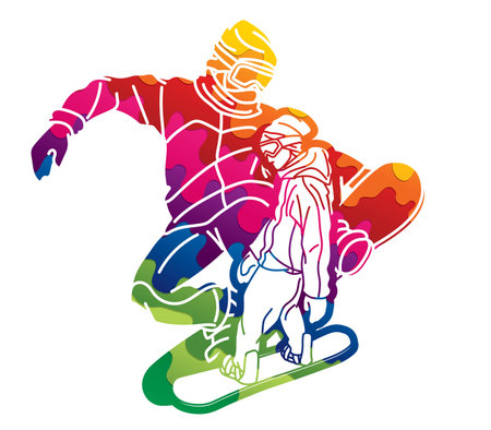 Group of Snowboard Players Mix Action Snowboarder Extreme Sport Cartoon Graphic Vectorのイラスト素材