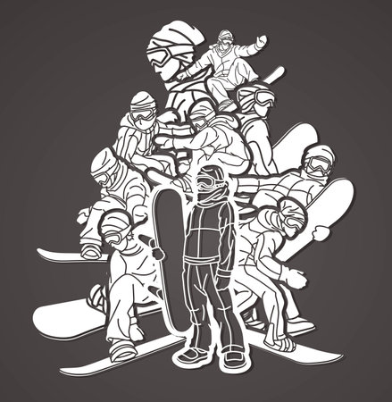 Group of Extreme Sport Players Snowboard Players Snowboarder Mix Action Cartoon Graphic Vectorのイラスト素材