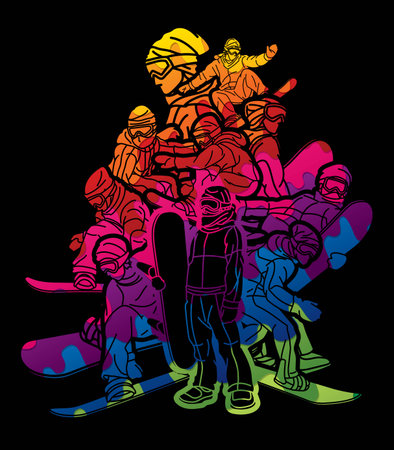 Silhouette Group of Extreme Sport Players Snowboard Players Snowboarder Mix Action Cartoon Graphic Vectorのイラスト素材