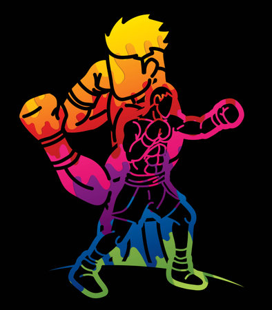 Group of Fighter Boxing Sport Boxer Men Fighting Punching Mix Action Cartoon Graphic Vectorのイラスト素材