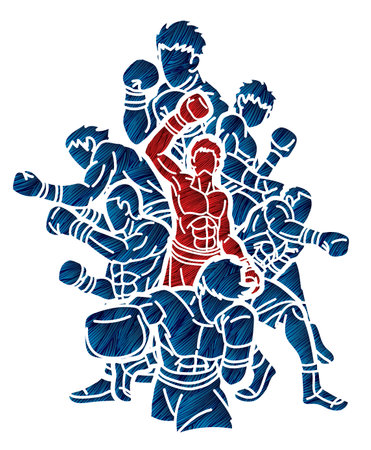 Group of Fighter Boxing Sport Boxer Men Fighting Punching Mix Action Cartoon Graphic Vectorのイラスト素材