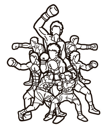 Group of Fighter Boxing Sport Boxer Men Fighting Punching Mix Action Cartoon Graphic Vectorのイラスト素材