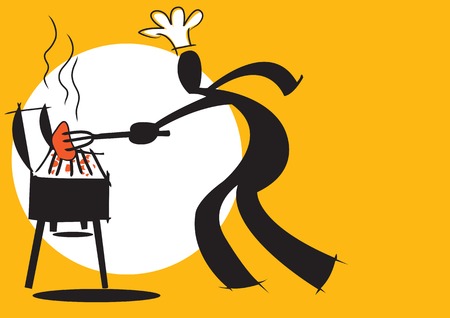 illustration  shadow man cartoon cooking barbecue on white and yellow backgroundのイラスト素材