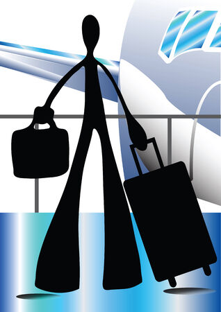 Shadow man cartoon carrying traveling bag in the airport with airplane at the backgroundのイラスト素材