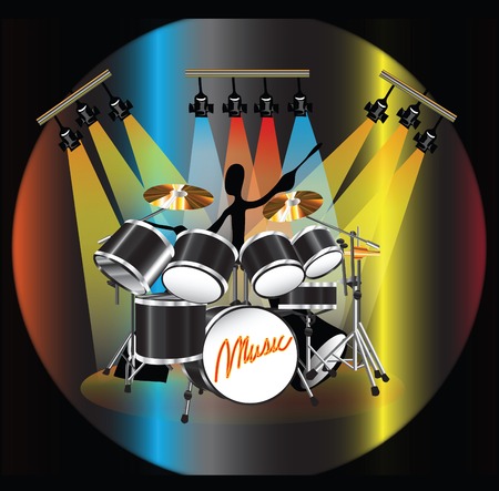 illustration shadowman playing drum set on stage with colorful lightingのイラスト素材