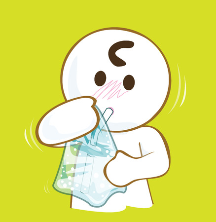 Cartoon pantomime drinking water in plastic bag cute acting designのイラスト素材