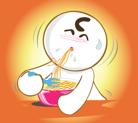 Cartoon pantomime cute acting eating noodle very delicious and spicyのイラスト素材