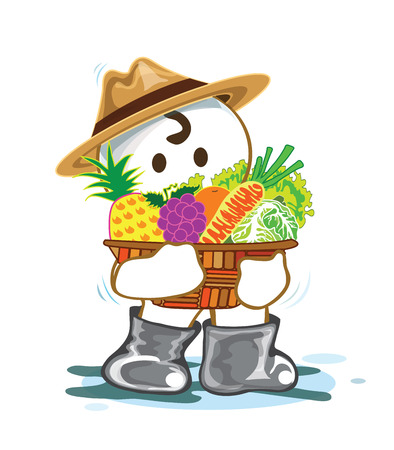 Planter with fruit and vegetable in basket have pineapple, grapes, oranges, carrots, lettuce, cabbage, Cartoon cute acting design isolate on white backgroundのイラスト素材