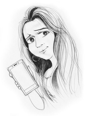 Beautiful woman presenter of mobile phone for advertisement promote, She has nice long hair, Cartoon character design hand draw black and white.の写真素材