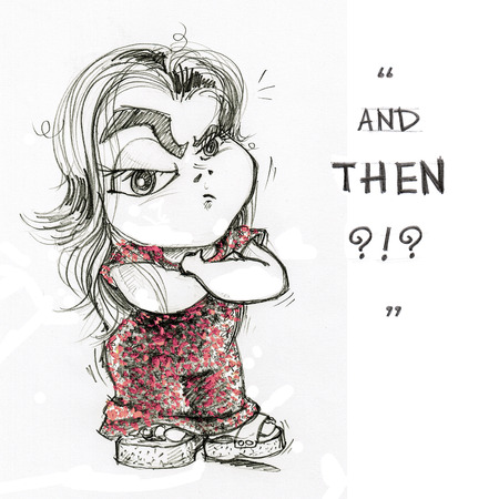 Pretty girl cartoon angry or moody acting, Character design pencil hand drawn, Her dress is pink pattern color, Isolate on white background.の写真素材