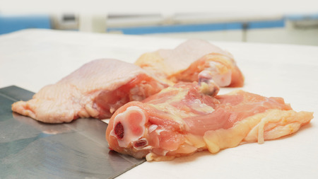 Hip Chicken cutting for cook in kitchen macro photo focus select at foreground meat around are blur.の写真素材