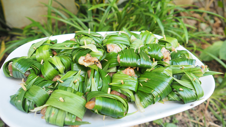 Chicken wrapped pandan raw for fried of Thai food, Blur background is pandan tree plant, Nature concept idea of green to save world has a copy space.の写真素材