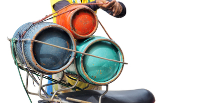 Gas LPG for cook biker service is working background cut out on white color has clipping paths and copy space.の写真素材