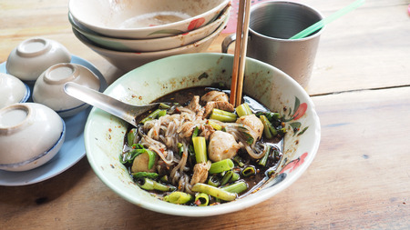 Boat noodles beef super spicy to clenching ready to eat, The soup is blood also contains nam tok are...