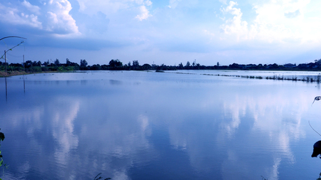 Flood Rice Fields in Bangbuathong Thailand has nice cloud and blue sky reflection in water.の写真素材