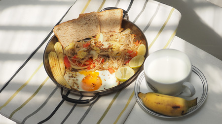 Breakfast food and drink menu idea for diet and health set are Enoki mushrooms fried with butter and...