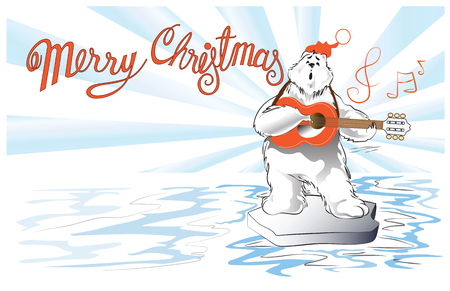Polar Bear playing guitar and singer, cartoon acting character design for Christmas and New year card vector isolate on white has clipping paths.のイラスト素材
