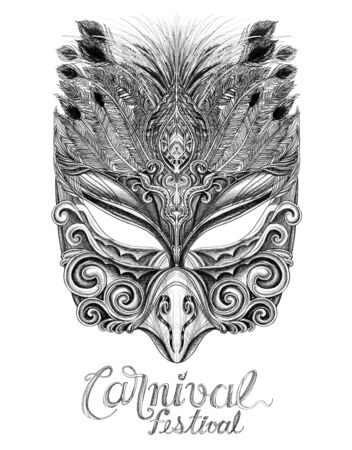 Carnival 2 mask Bird and Butterfly with flower drawn design art illustration pencil stroke black and white isolate has clipping paths.の写真素材