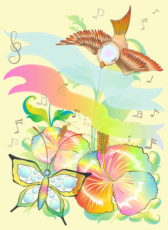 Bird and butterfly with flower nature imagination design contemporary vector art illustration has clipping paths.のイラスト素材