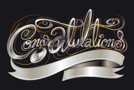 Congratulations classic font silver color art illustration cerebration greeting card or sign design and ribbon for your word with name or logo has clipping paths.のイラスト素材
