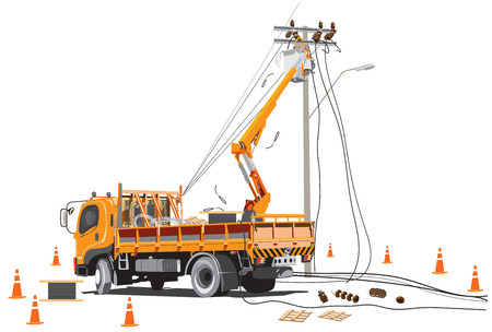 Electricity poles high voltage worker team with lift truck infographic cartoon, Isolate on white background has clipping path.のイラスト素材