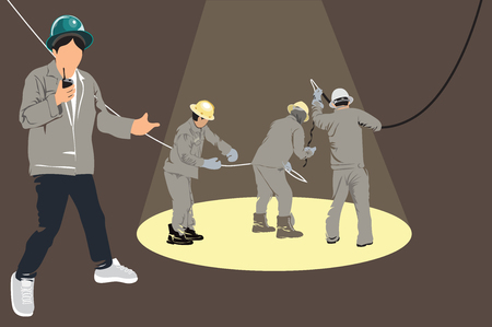 Electricity pole worker team acting cartoon infographic design, isolate on white background.のイラスト素材